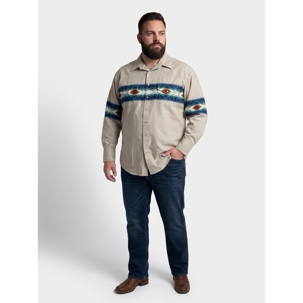Wrangler Vintage Pearl Snap Long Sleeve Shirt Western Cowboy Southwestern Aztec - Picture 10 of 10